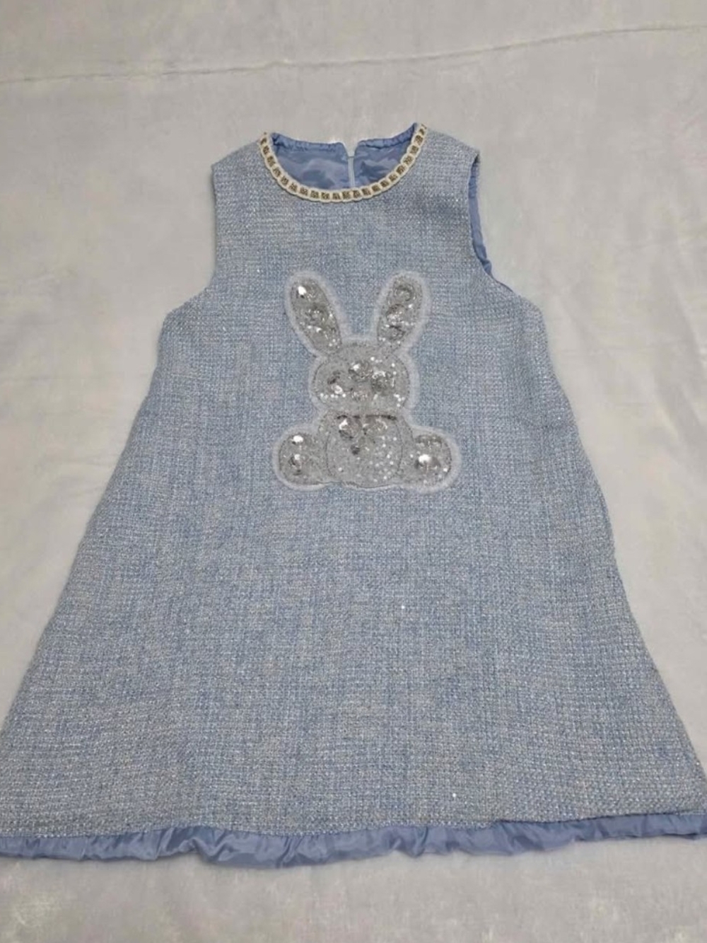 Source Unknown Light Blue Tweed Dress with Sequin Bunny Accent